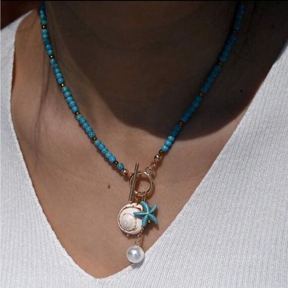 Turquoise Beaded Necklace with Gold Accents S853 - Picture 1 of 4